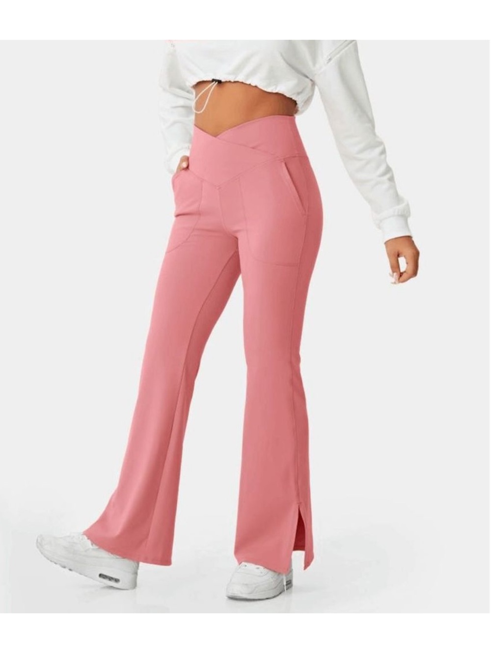 HALARA Pink High Waisted Flare Leggings Pockets Crossover waist Side Slit Sz L P